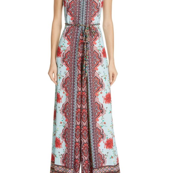 Alice +Olivia Audrie Pleat Floral Blue Jumpsuit. - Picture 5 of 10